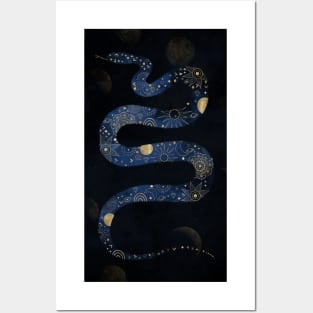 Mystical Gold Blue Serpent Galaxy Design Posters and Art
